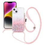 For iPhone 15 Plus Gradient Glitter Epoxy TPU Thickened Acrylic Phone Case with Round Neck Lanyard(Pink)