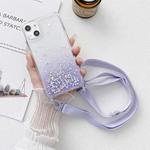 For iPhone 15 Gradient Glitter Epoxy TPU Thickened Acrylic Phone Case with Wide Lanyard(Purple)