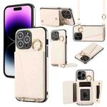 For iPhone 14 Pro Crossbody Ring Wallet Leather Back Cover Phone Case(White)