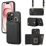 For iPhone 15 Plus Crossbody Ring Wallet Leather Back Cover Phone Case(Black)