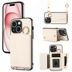 For iPhone 15 Plus Crossbody Ring Wallet Leather Back Cover Phone Case(White)