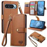 For Google Pixel 9 Pro Love Zipper Lanyard Leather Phone Case(Brown)
