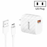 TE-005 QC3.0 18W USB Fast Charger with 1m 3A USB to Type-C Cable, US Plug(White)