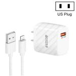 TE-005 QC3.0 18W USB Fast Charger with 1m 3A USB to 8 Pin Cable, US Plug(White)