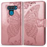 Butterfly Love Flowers Embossing Horizontal Flip Leather Case for LG Q60 , with Holder & Card Slots & Wallet & Lanyard(Rose gold)