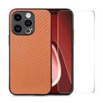 For iPhone 14 Pro ENKAY Fiber Leather Skin PC Phone Case with High Aluminum-silicon Glass Film(Brown)