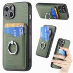 For iPhone 15 Pro Max Carbon Fiber Card Wallet Ring Holder Phone Case(Green)