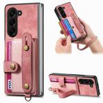 For Samsung Galaxy Z Fold6 5G Retro Cross Wristband Wallet Leather Back Phone Case(Pink)