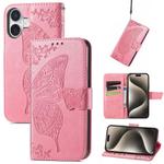 For iPhone 16 Butterfly Love Flower Embossed Leather Phone Case(Pink)