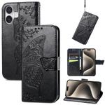 For iPhone 16 Butterfly Love Flower Embossed Leather Phone Case(Black)