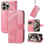 For iPhone 16 Pro Butterfly Love Flower Embossed Leather Phone Case(Pink)