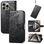 For iPhone 16 Pro Butterfly Love Flower Embossed Leather Phone Case(Black)