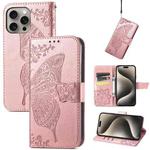 For iPhone 16 Pro Butterfly Love Flower Embossed Leather Phone Case(Rose Gold)