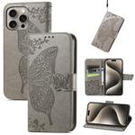 For iPhone 16 Pro Butterfly Love Flower Embossed Leather Phone Case(Gray)