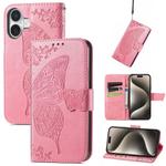 For iPhone 16 Plus Butterfly Love Flower Embossed Leather Phone Case(Pink)