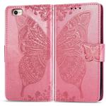 For iPhone 16e Butterfly Love Flower Embossed Leather Phone Case(Pink)