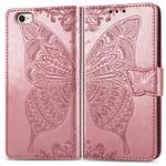 For iPhone 16e Butterfly Love Flower Embossed Leather Phone Case(Rose Gold)