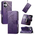 For iPhone 17 Butterfly Love Flower Embossed Leather Phone Case(Purple)