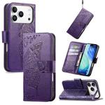 For iPhone 17 Pro Butterfly Love Flower Embossed Leather Phone Case(Purple)