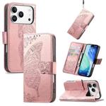 For iPhone 17 Pro Butterfly Love Flower Embossed Leather Phone Case(Rose Gold)