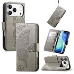 For iPhone 17 Pro Butterfly Love Flower Embossed Leather Phone Case(Gray)