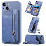 For iPhone 15 Zipper Wallet Leather Back Shockproof Phone Case(Blue)