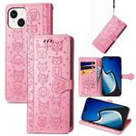 For iPhone 15 Cat and Dog Embossed Leather Phone Case(Pink)