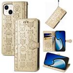 For iPhone 15 Cat and Dog Embossed Leather Phone Case(Gold)