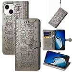 For iPhone 15 Cat and Dog Embossed Leather Phone Case(Gray)