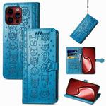 For iPhone 15 Pro Cat and Dog Embossed Leather Phone Case(Blue)