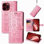 For iPhone 15 Pro Cat and Dog Embossed Leather Phone Case(Pink)