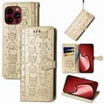 For iPhone 15 Pro Cat and Dog Embossed Leather Phone Case(Gold)