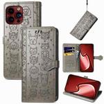 For iPhone 15 Pro Cat and Dog Embossed Leather Phone Case(Gray)