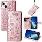 For iPhone 15 Plus Cat and Dog Embossed Leather Phone Case(Rose Gold)