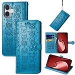 For iPhone 16 Cat and Dog Embossed Leather Phone Case(Blue)