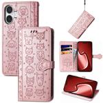 For iPhone 16 Cat and Dog Embossed Leather Phone Case(Rose Gold)