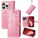 For iPhone 16 Pro Cat and Dog Embossed Leather Phone Case(Pink)