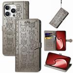 For iPhone 16 Pro Cat and Dog Embossed Leather Phone Case(Gray)