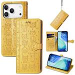 For iPhone 17 Pro Cat and Dog Embossed Leather Phone Case(Yellow)
