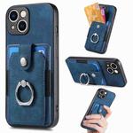 For iPhone 15 Retro Skin-feel Ring Card Wallet Phone Case(Blue)