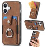 For iPhone 16 Retro Skin-feel Ring Card Wallet Phone Case(Brown)