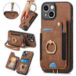 For iPhone 15 Retro Skin-feel Ring Multi-card Wallet Phone Case(Brown)