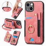 For iPhone 15 Plus Retro Skin-feel Ring Multi-card Wallet Phone Case(Pink)