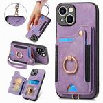 For iPhone 15 Plus Retro Skin-feel Ring Multi-card Wallet Phone Case(Purple)