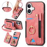 For iPhone 16 Retro Skin-feel Ring Multi-card Wallet Phone Case(Pink)