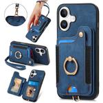 For iPhone 16 Retro Skin-feel Ring Multi-card Wallet Phone Case(Blue)