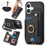 For iPhone 16 Plus Retro Skin-feel Ring Multi-card Wallet Phone Case(Black)