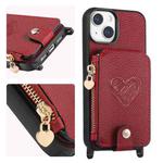 For iPhone 15 Crossbody Love Zipper Leather Back Phone Case(Red)