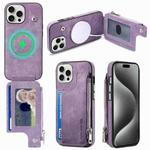 For iPhone 15 Pro Max Magsafe Zipper RFID Wallet All-inclusive Shockrpoof Phone Case(Purple)