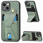 For iPhone 15 Carbon Fiber Wallet Flip Card K-shaped Holder Phone Case(Green)